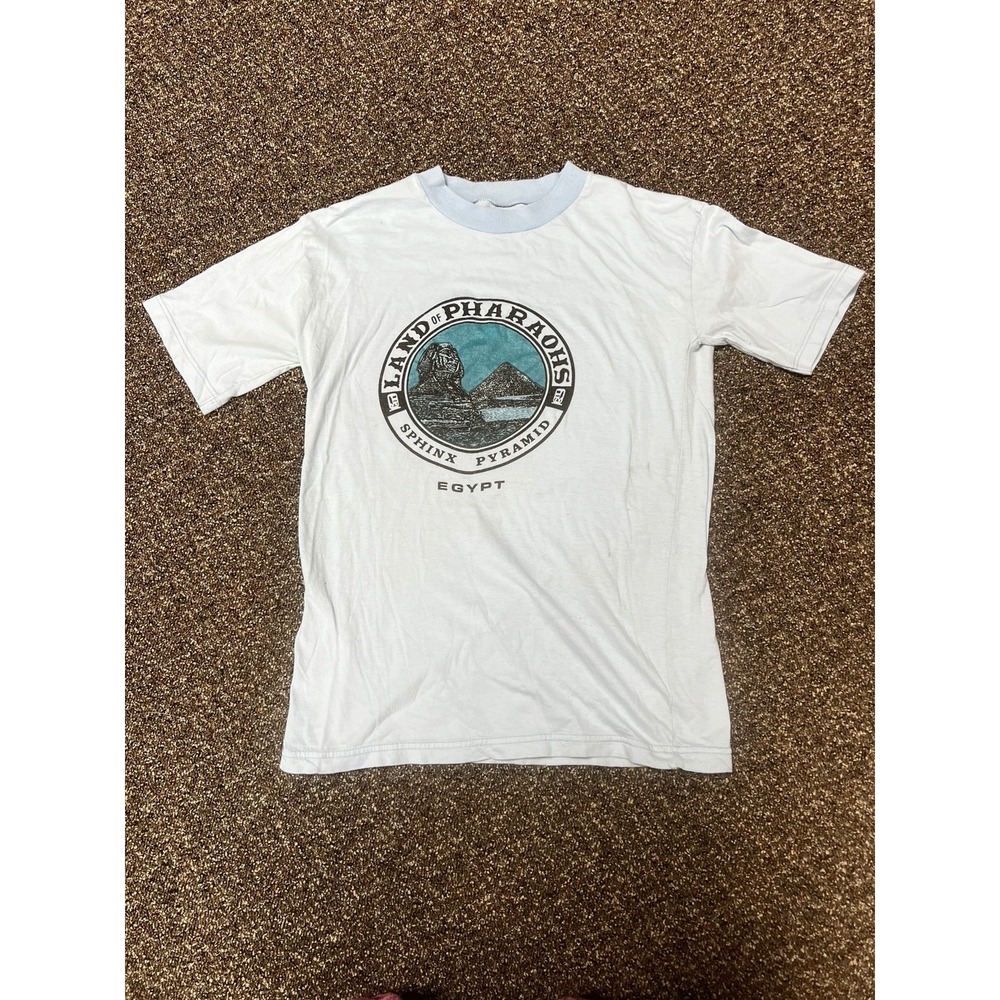 Vintage 1980s Land Of Egypt Blue Graphic Tee Shirt Size Medium Rare Pyramids
